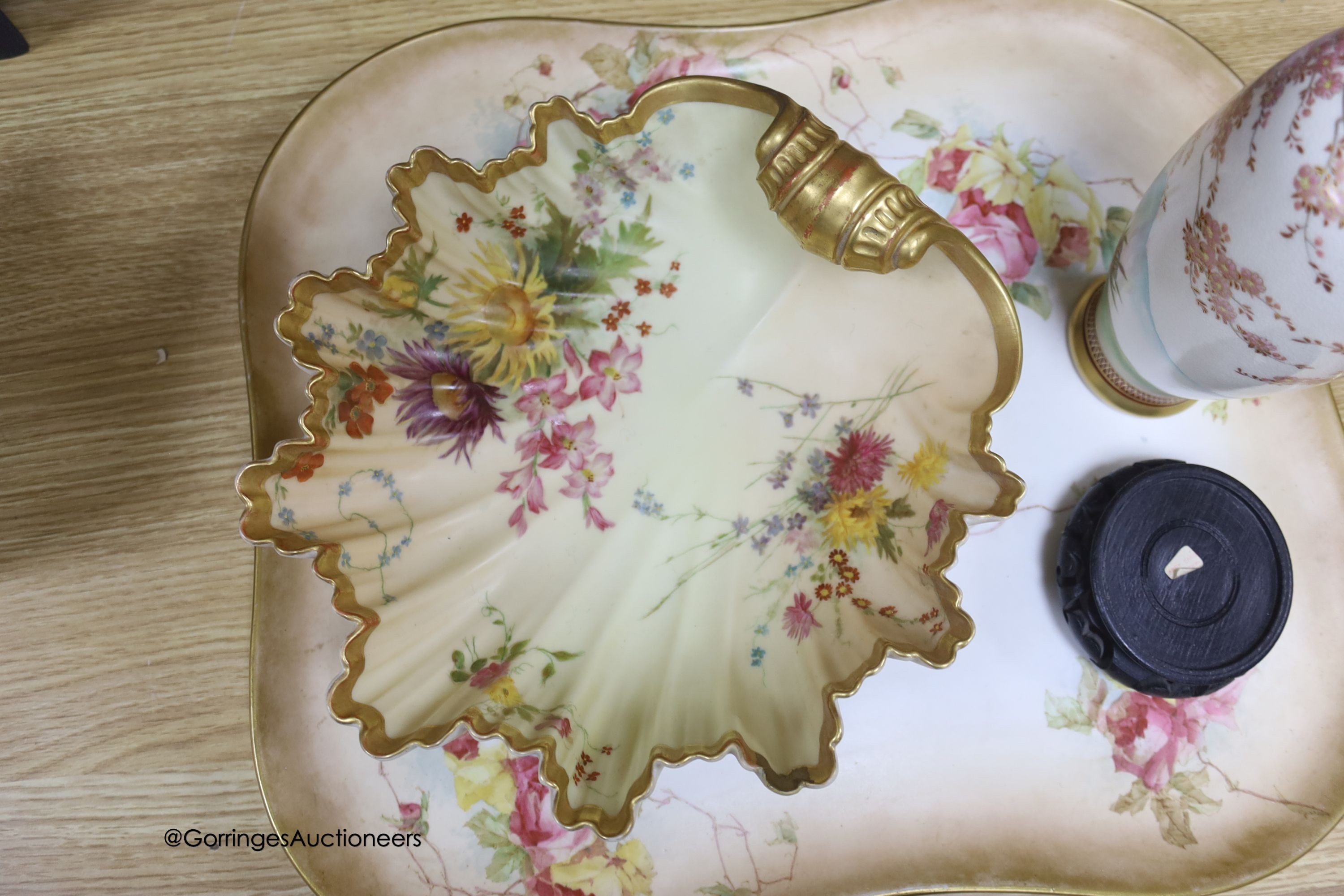 A Doulton tray, a Royal Worcester blush shell dish, 22cm, a Dutch charger and Satsuma vase and two Derby plates